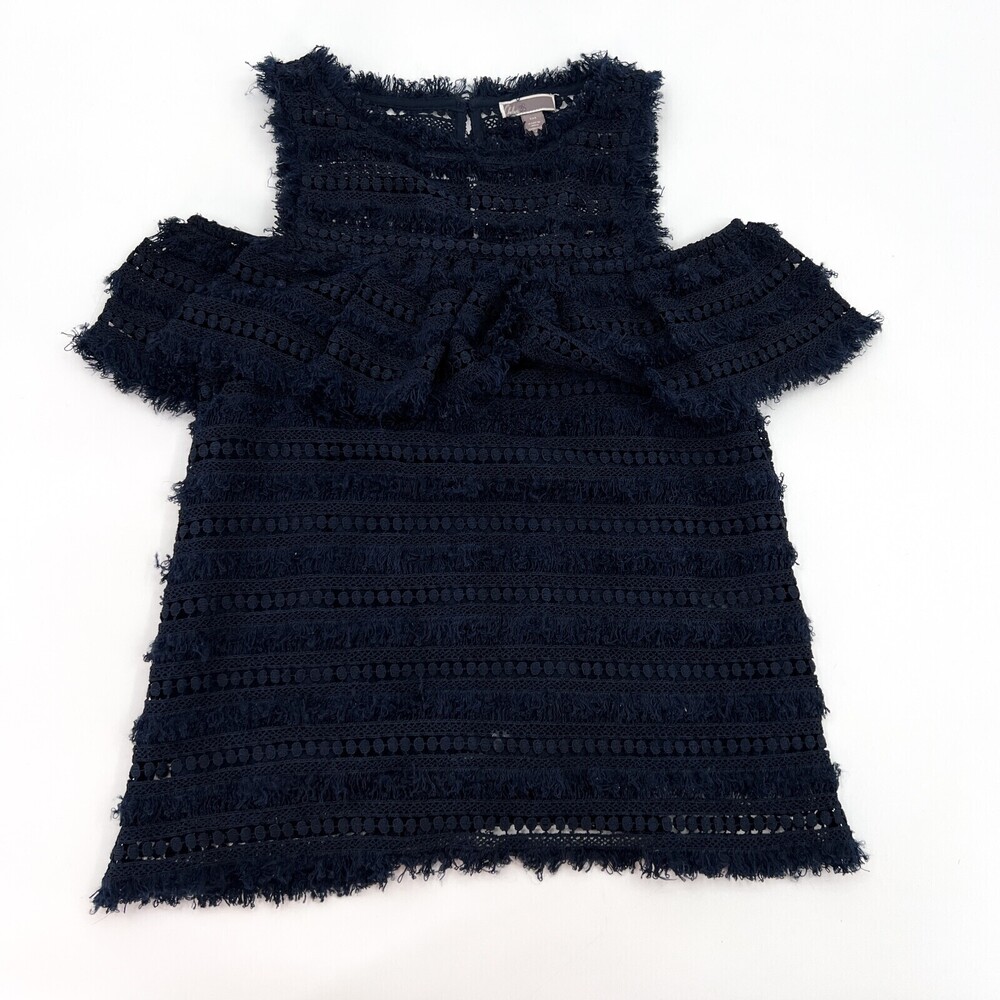 Chelsea28 Shirt Womens 2XS XXS Navy Boutique Cold Shoulder Fringe Lace Boho Line